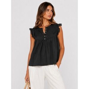 Indi‎ & Cold Black Embroidered Boho Ruffle Cap Sleeve 100% Cotton Top S